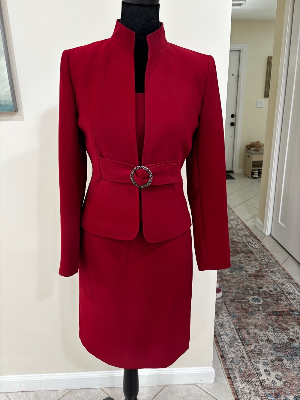 Tahari Crimson Peplum Belted Blazer and Skirt - Picture 2 of 8